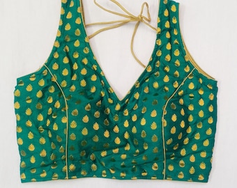 saree blouse Ready-made V-neck saree blouse in Rama green Color party wear blouse - Designer Saree Blouse - sari top - readymade saree top