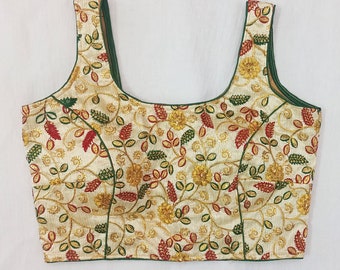 Camicetta da donna in sari ricamata con paillettes dorate, completamente cucita, pronta da indossare, camicetta da sposa alla moda senza maniche. Top in sari. Top e magliette da donna.