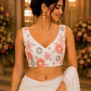 white deep V neck saree blouse , stunning party wear crop top , sleeveless padded blouse , ready to wear woman wedding attire, readymade top