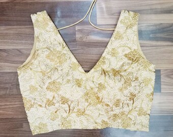 Camicetta con ricamo Zari pronta all'uso color oro chiaro - camicette pronte all'uso - Camicetta Saree - Camicetta Saree - Top Saree - Top Saree - Per donna