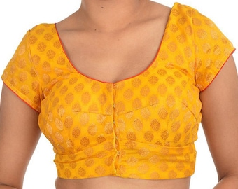 Beautiful Yellow Brocade Blouse with Traditional Floral-Saree Blouse -Sari Blouse - Saree Top - Sari Top - For Women