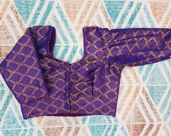 round neck chanderi blouse in purple color ready made saree blouse -Saree Blouse -Sari Blouse - Saree Top - Sari Top - For Women