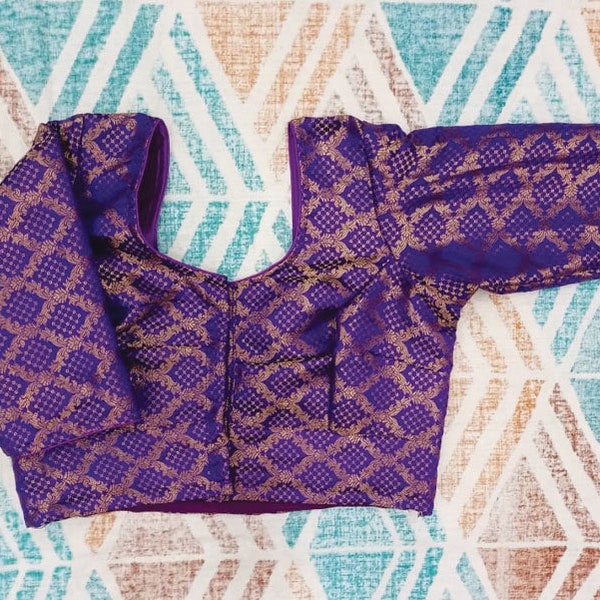 round neck chanderi blouse in purple color ready made saree blouse -Saree Blouse -Sari Blouse - Saree Top - Sari Top - For Women