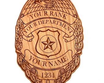 Police Law Enforcement Shield Badge Custom Engraved Cherry Wood Plaque