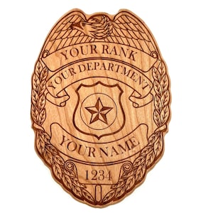 Police Law Enforcement Shield Badge Custom Engraved Cherry Wood Plaque