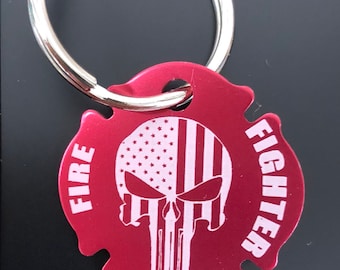 Firefighter Punisher USA Flag Thin Red Line on Maltese Cross Key Tag- Laser Engraved Anodized Aluminum