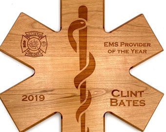 Placa de premio Star of Life First Responder Cherry Wood, grabada con láser personalizado. Paramédicos, Médicos, EMT, EMS, Emergencias