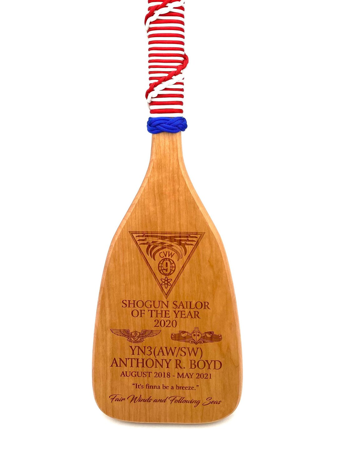 Military Navy Paddle Award Custom Personalized Laser Engraved Cherry