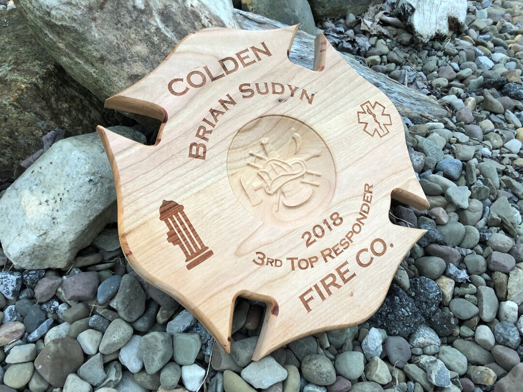 Firefighter Maltese Cross Cherry Wood Award Plaque Custom Laser