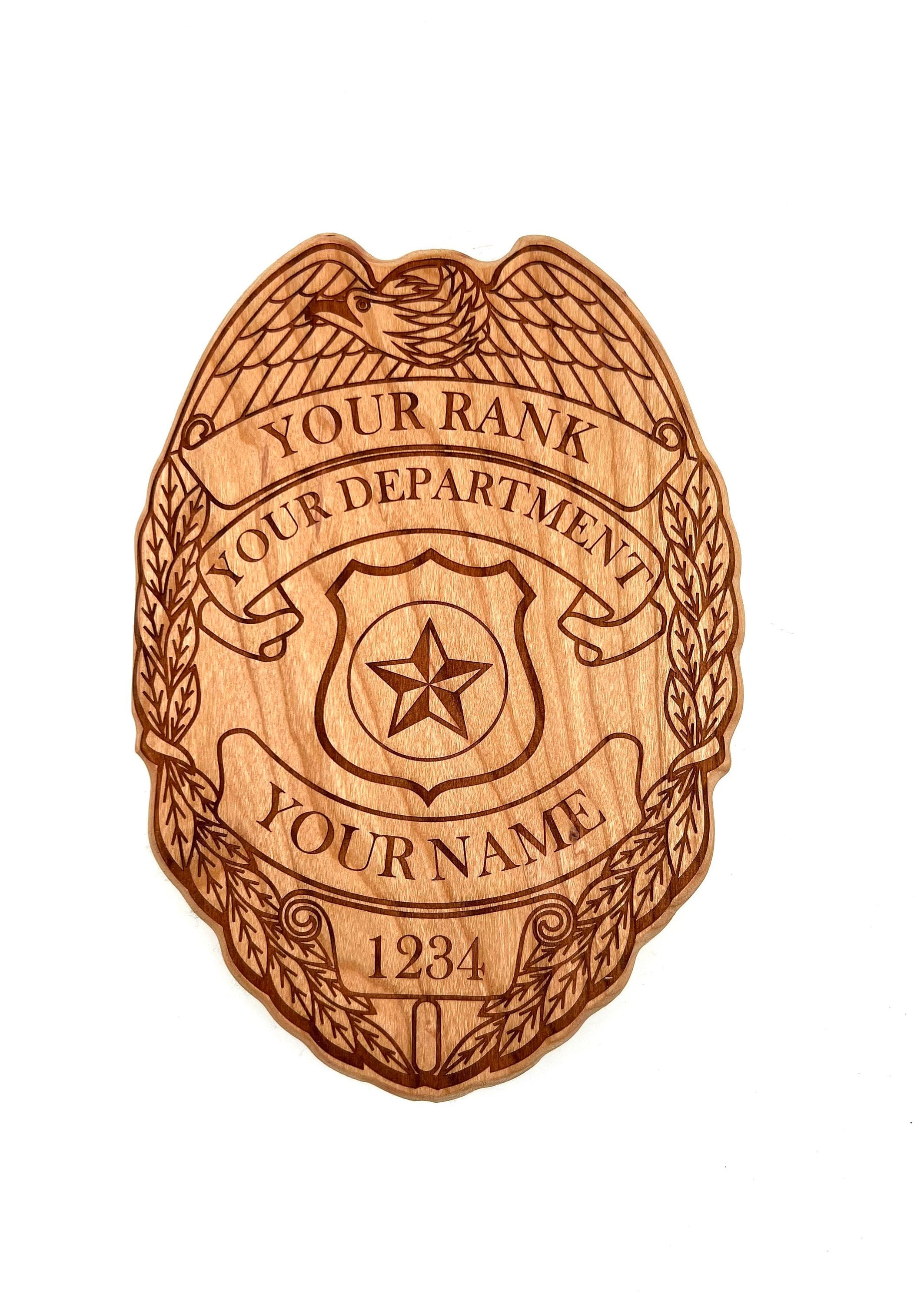 Police Law Enforcement Badge Shield Cherry Wood Plaque