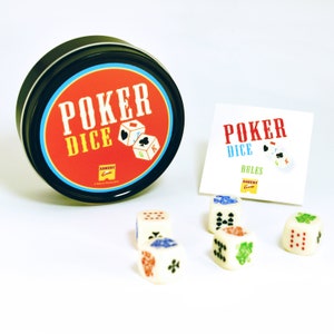 Poker Dice | Dice Game | Colored Poker Dice in Graphic Black Tin