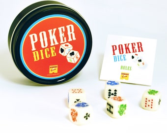 Poker Dice | Dice Game | Colored Poker Dice in Graphic Black Tin