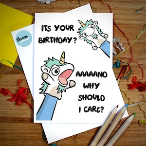 Carte d'anniversaire licorne - et pourquoi devrais-je m'en soucier ? - Carte d'anniversaire inspirée du blues, bluey et bingo, bandit, piment, licorne, émission de télévision pour enfants