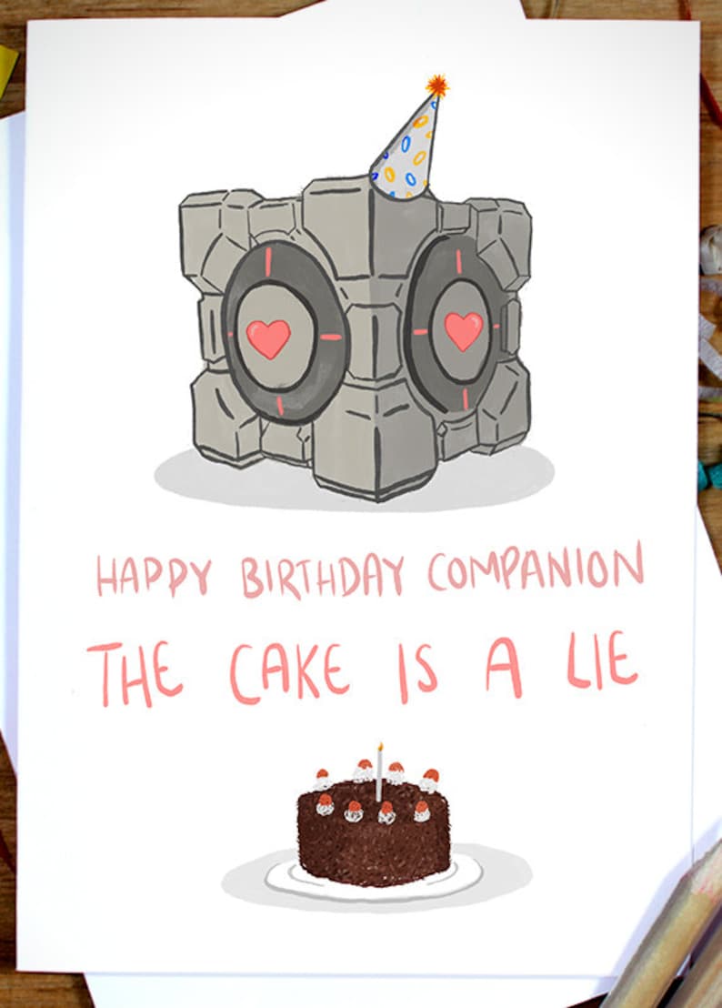 Portal The Cake is a Lie Birthday Card Portal Game, Portal Cube, Portal 2 Inspired, Gamer Card, Birthday Card for Gamer, Card for Him image 2