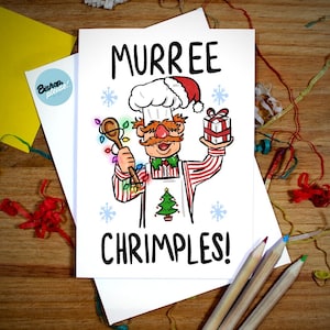 Carte de Noël drôle de chef suédois - « MUREE CHRIMPLES ! Les Muppets, Le chef suédois, Marionnettes, Carte de Noël humoristique, Carte de joyeux Noël