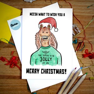 Carte de Noël Jar Jar Binks - inspiration Star Wars, carte de Noël drôle, menace fantôme, guerre des clones, Gungan, Meesa, carte de Noël blague
