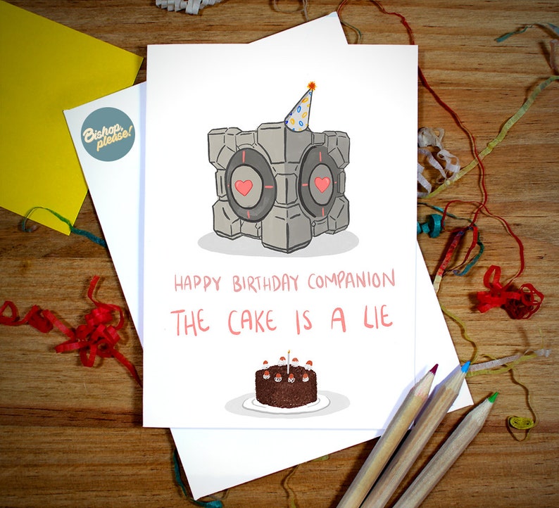 Portal The Cake is a Lie Birthday Card Portal Game, Portal Cube, Portal 2 Inspired, Gamer Card, Birthday Card for Gamer, Card for Him image 1