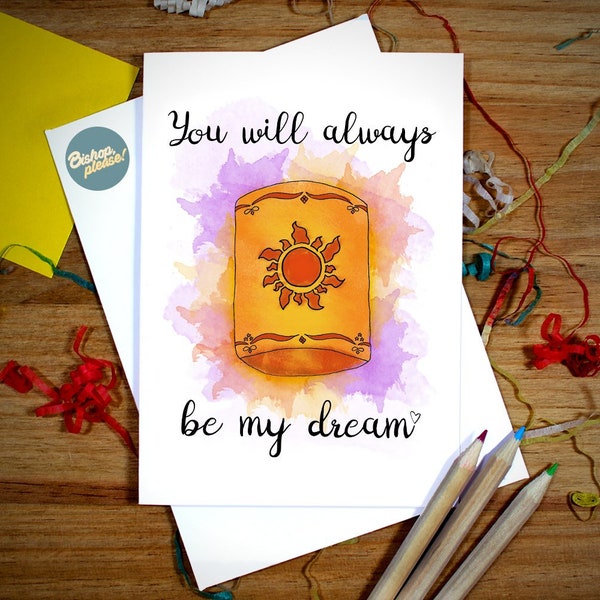 Tangled Lantern Card - You will always be my dream. Rapunzel, Flynn Rider, Eugene, Movie, Valentines, Anniversary, Love, Pixar, Card