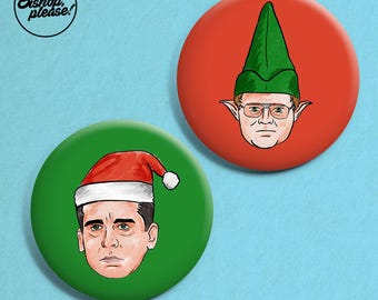 The Office Christmas Badge Set - Michael Scott, Dwight Schrute, Xmas Couple Badge, Scranton, Dunder Mifflin, Buttons, Pin, Badges