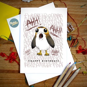PORG Star Wars Inspiré A6 Carte d'anniversaire - Le dernier Jedi, Carte de voeux Nerdy mignon, Luke Skywalker, Chewbacca