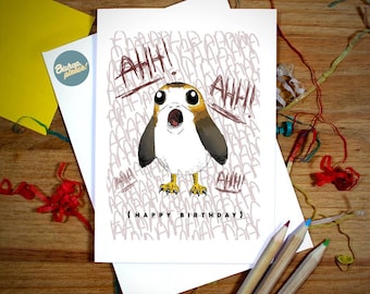 PORG Star Wars Inspired A6 Birthday Card - The Last Jedi, Cute Nerdy Greetings Card, Luke Skywalker, Chewbacca