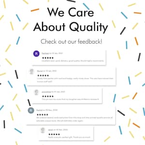 Op de afbeelding: Een witte achtergrond met kleurrijk confetti. De tekst "We Care About Quality" staat in zwarte tekst. Onder de tekst staat de tekst "Check out our feedback!" in zwarte tekst. Er zijn vijf klantbeoordelingen met vijf sterren en positieve opmerkingen over de producten.
