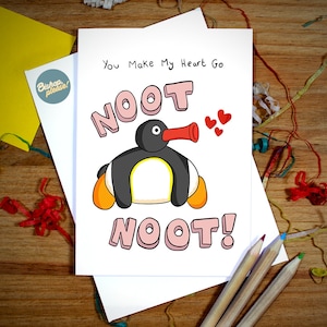 Pingu Valentines Card - Valentines Day Card, Noot Noot, Anniversary, Valentines Day, Greetings Card, Cute, Funny Card, Penguin, Kids TV, 90s