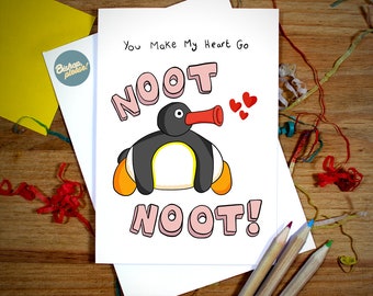 Pingu Valentines Card - Valentines Day Card, Noot Noot, Anniversary, Valentines Day, Greetings Card, Cute, Funny Card, Penguin, Kids TV, 90s