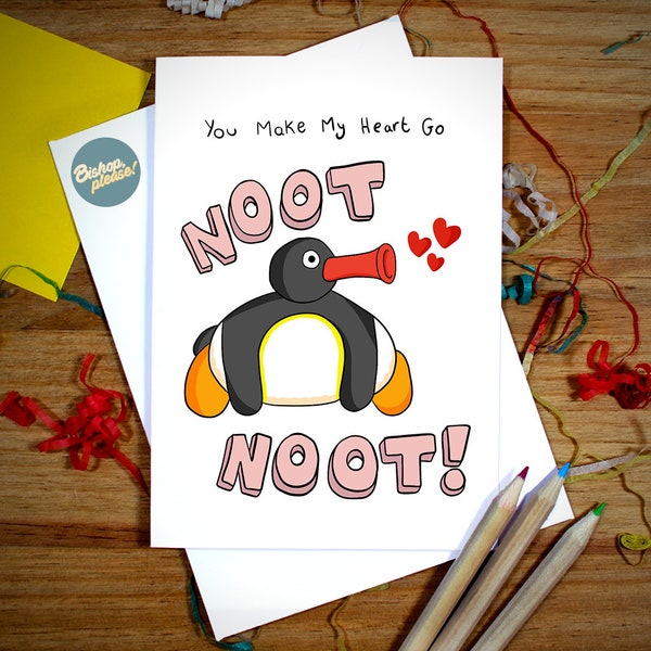 Carte Pingu pour la Saint-Valentin - Carte de Saint-Valentin, Noot Noot, anniversaire, Saint-Valentin, carte de voeux, mignonne, carte drôle, pingouin, télévision pour enfants, années 90