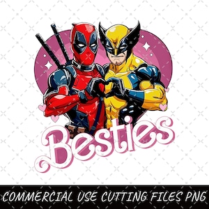 May include: Deadpool and Wolverine, two popular comic book characters, are shown in a heart-shaped frame with the word "Besties" in pink letters. The characters are wearing their signature costumes and are making a heart shape with their hands.
