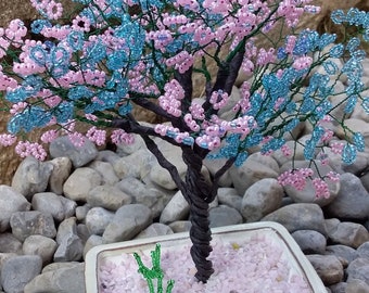 Bonsai tree of blue and pink glass beads