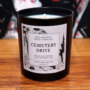Cemetery Drive by My Chemical Romance Inspired Soy Candle with Lid | Wet Leaves and Sweet Tobacco Scented, 10oz