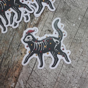 Holiday Skeleton Black Cat Vinyl Sticker | Goth Spooky Waterproof