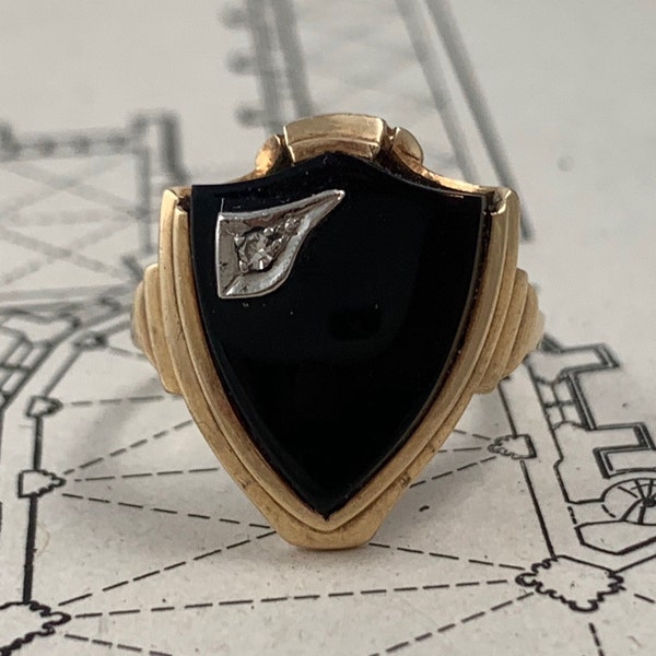 Shield Shaped Onyx and Diamond Ring - 10K Gold