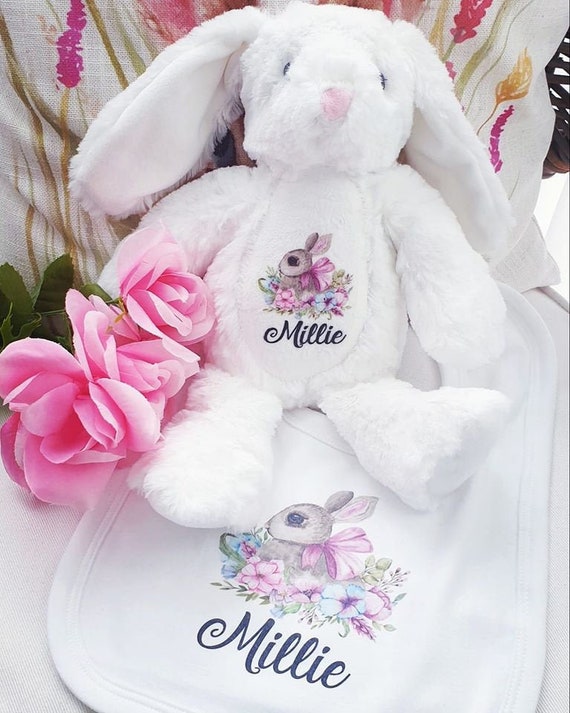 Personalized White Bunny Rabbit Plush Teddy: New Baby Gift Set