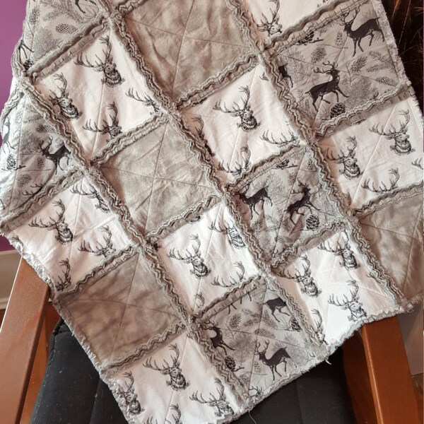 Grey and White Stag, Deer Rag Quilt, Handmade