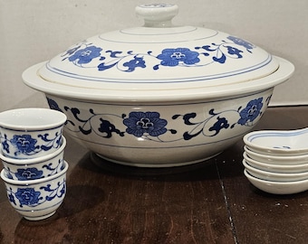 Vintage Chinese Blue and White Porcelain Floral Matching Set of 1 Large Soup Bowl, 5 Teacups & 5 Soup Spoons 1950's - 1970's