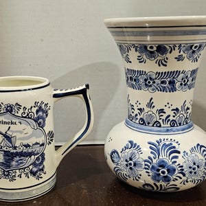 Vintage Blue & White Delft Porcelain Vase and Heineken Mug Made in Holland
