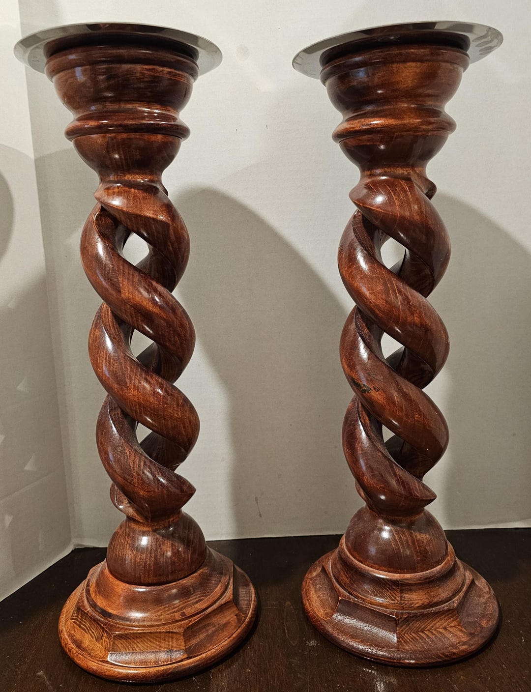 Matched Set of Twisted Wooden Candlestick Holders With Metal Top Panel ...