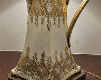 Antique Intricate Hand-Painted Moriage Nippon Victorian Rococo Revival Gold Enameled Hot Chocolate Pitcher Made into Lamp 1891-1921