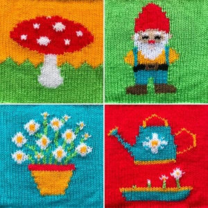 May include: A knitted square design featuring four different scenes: a red and white mushroom, a blue and yellow gnome, a pot of white flowers, and a blue watering can.