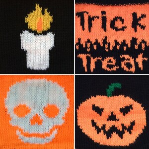 May include: Four knitted squares with Halloween themes. The top left square is black with a white candle with a yellow flame. The top right square is orange with black text that says "Trick or Treat". The bottom left square is orange with a white skull. The bottom right square is black with an orange pumpkin with a black face.