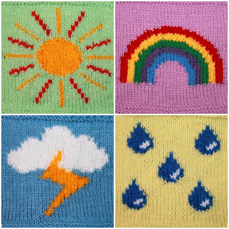 Puede incluir: Cuatro cuadrados tejidos con diferentes dise&ntilde;os de tem&aacute;tica meteorol&oacute;gica. El primer cuadrado es verde con un sol amarillo y rayos rojos. El segundo cuadrado es rosa con un arco&iacute;ris. El tercer cuadrado es azul con una nube blanca y un rayo amarillo. El cuarto cuadrado es amarillo con cuatro gotas de lluvia azules.