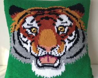 Knitting Pattern PDF Download - Tiger Portrait Pillow Cushion Cover