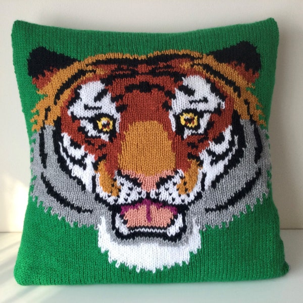 Knitting Pattern PDF Download - Tiger Portrait Pillow Cushion Cover