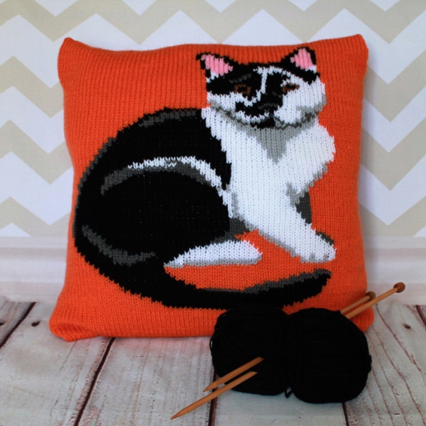 Knitting Pattern PDF Download - Black & White Cat Pet Portrait Pillow Cushion Cover