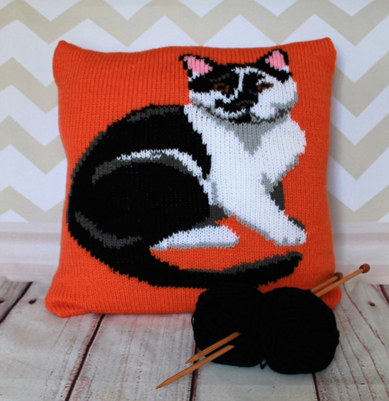 Knitting Pattern PDF Download Black & White Cat Pet Portrait Pillow Cushion Cover image 1