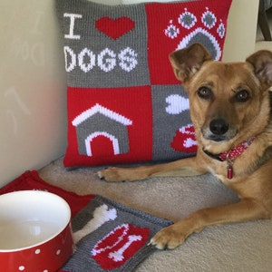 Knitting Pattern PDF Download - I Love Dogs Cushion and Bowl Mat Set