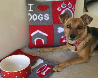 Knitting Pattern PDF Download - I Love Dogs Cushion and Bowl Mat Set