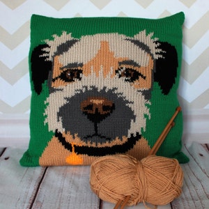 May include: A green knitted cushion featuring a brown and white dog's face. The dog has a black nose and brown eyes. The cushion is on a wooden surface with a ball of yarn and knitting needles.